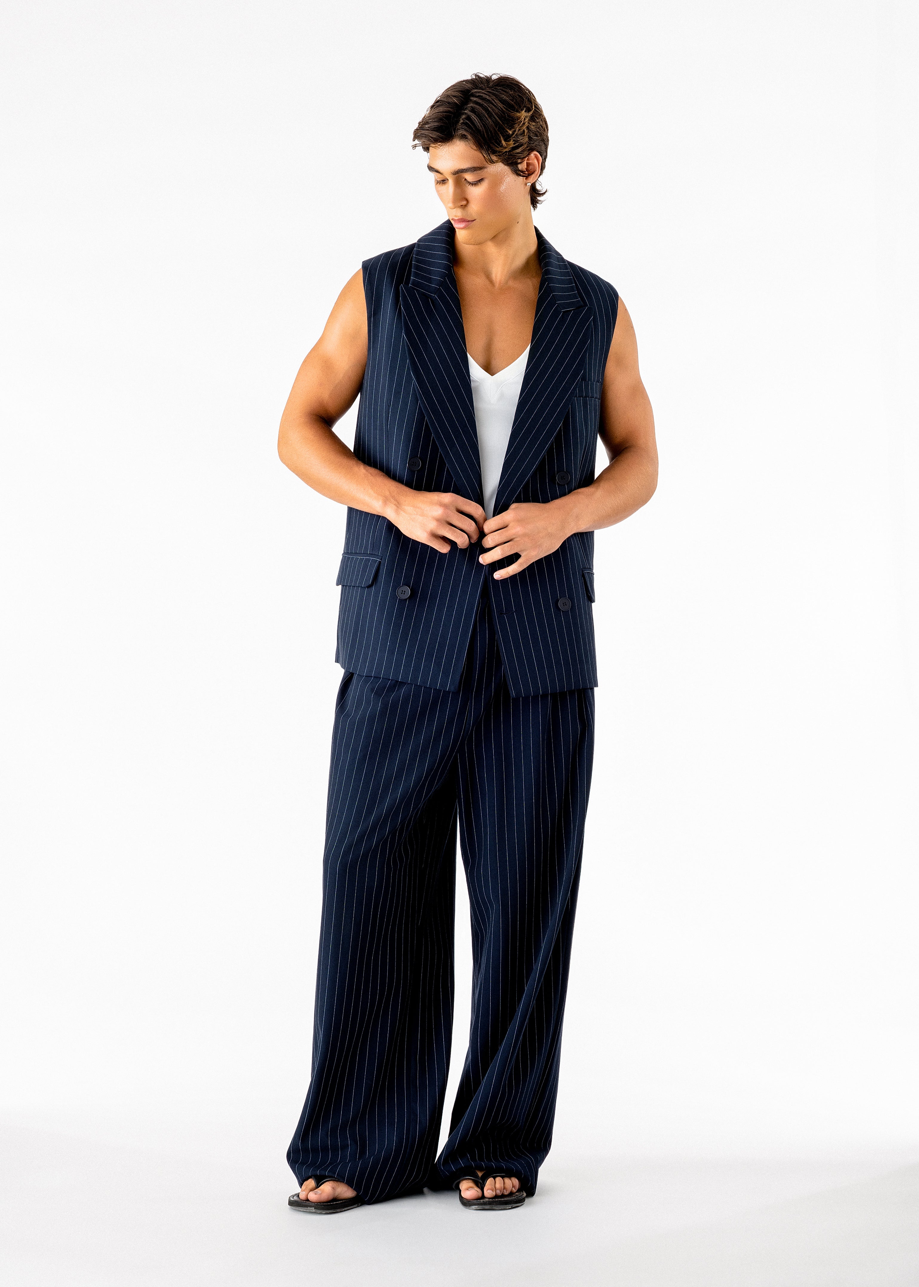 Gray Sleeveless Blazer Navy Pinstripe