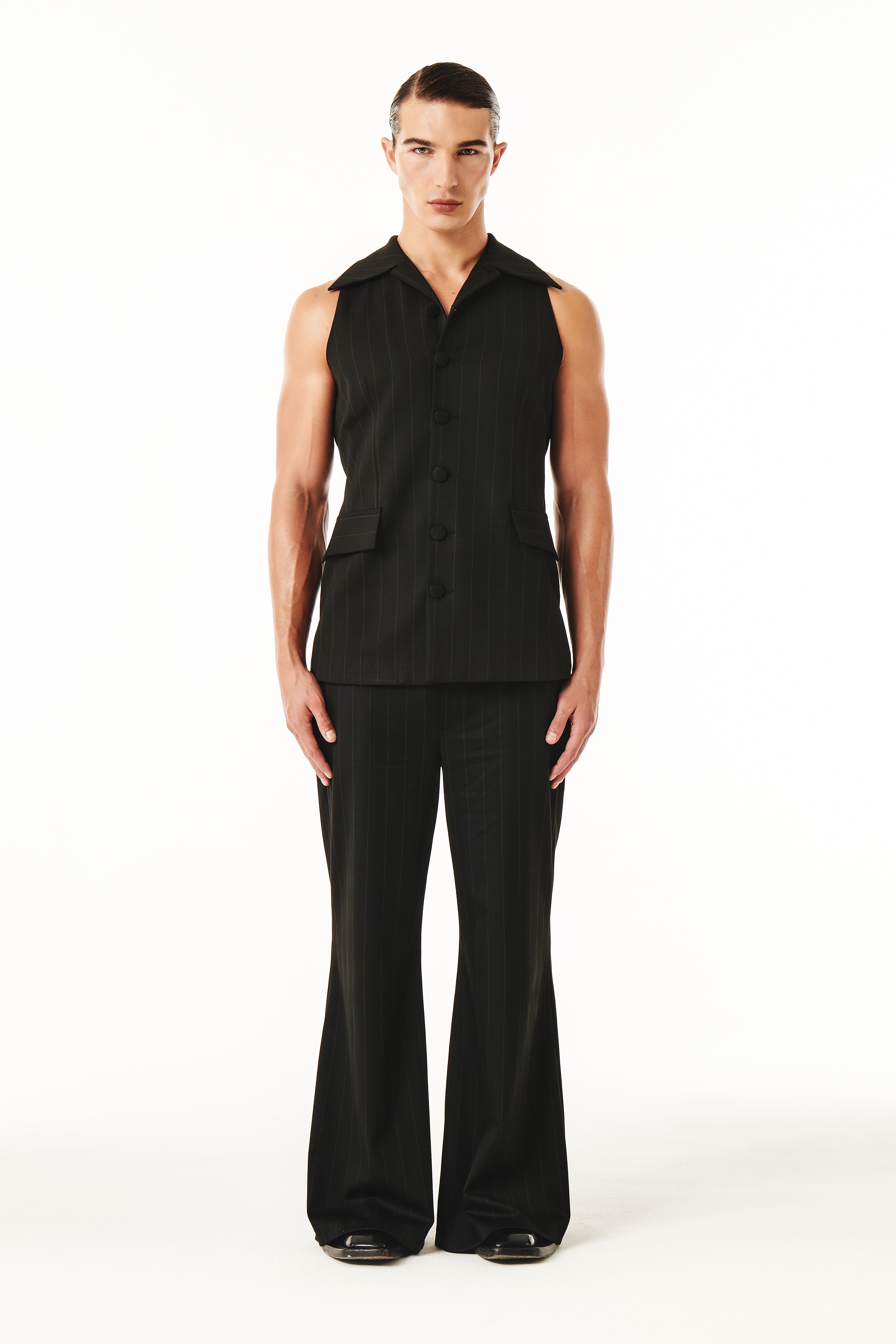 Roman Top Black and Brown pinestripe