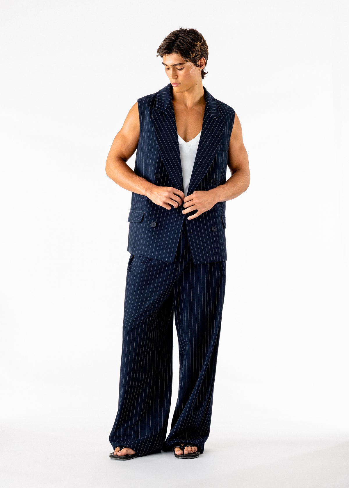 Gray Sleeveless Blazer Navy Pinstripe