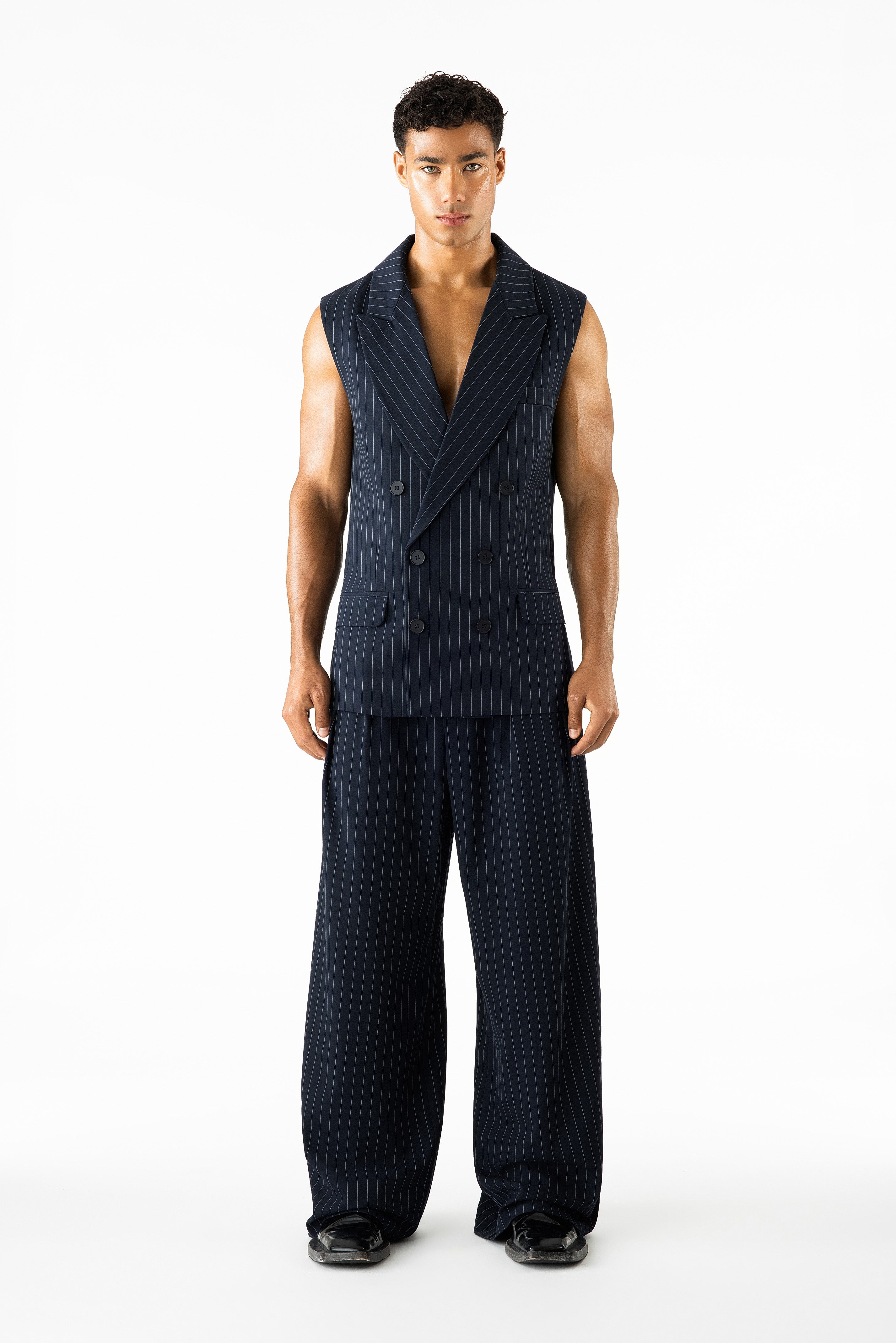 Gray Sleeveless Blazer Navy Pinstripe