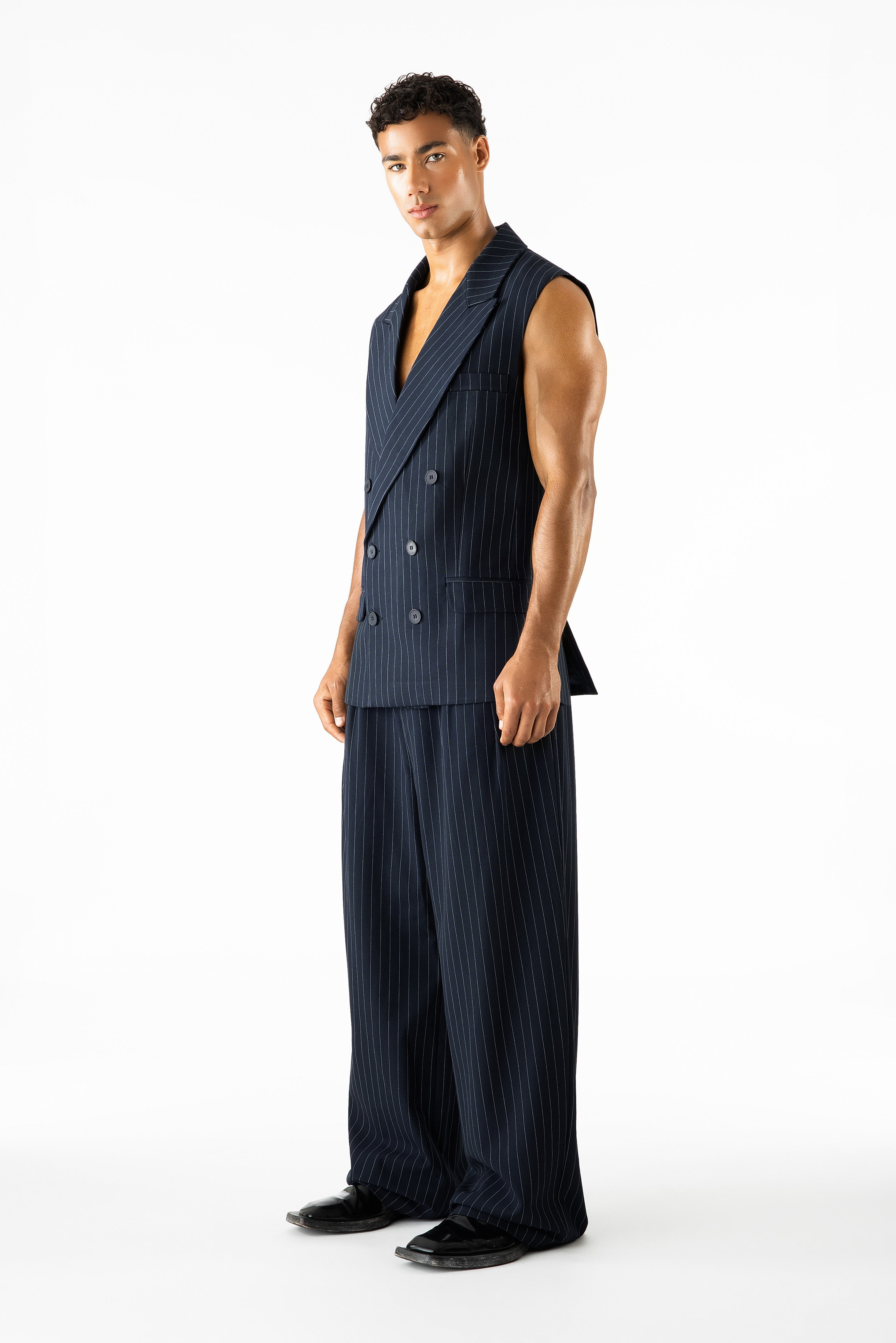 Gray Sleeveless Blazer Navy Pinstripe
