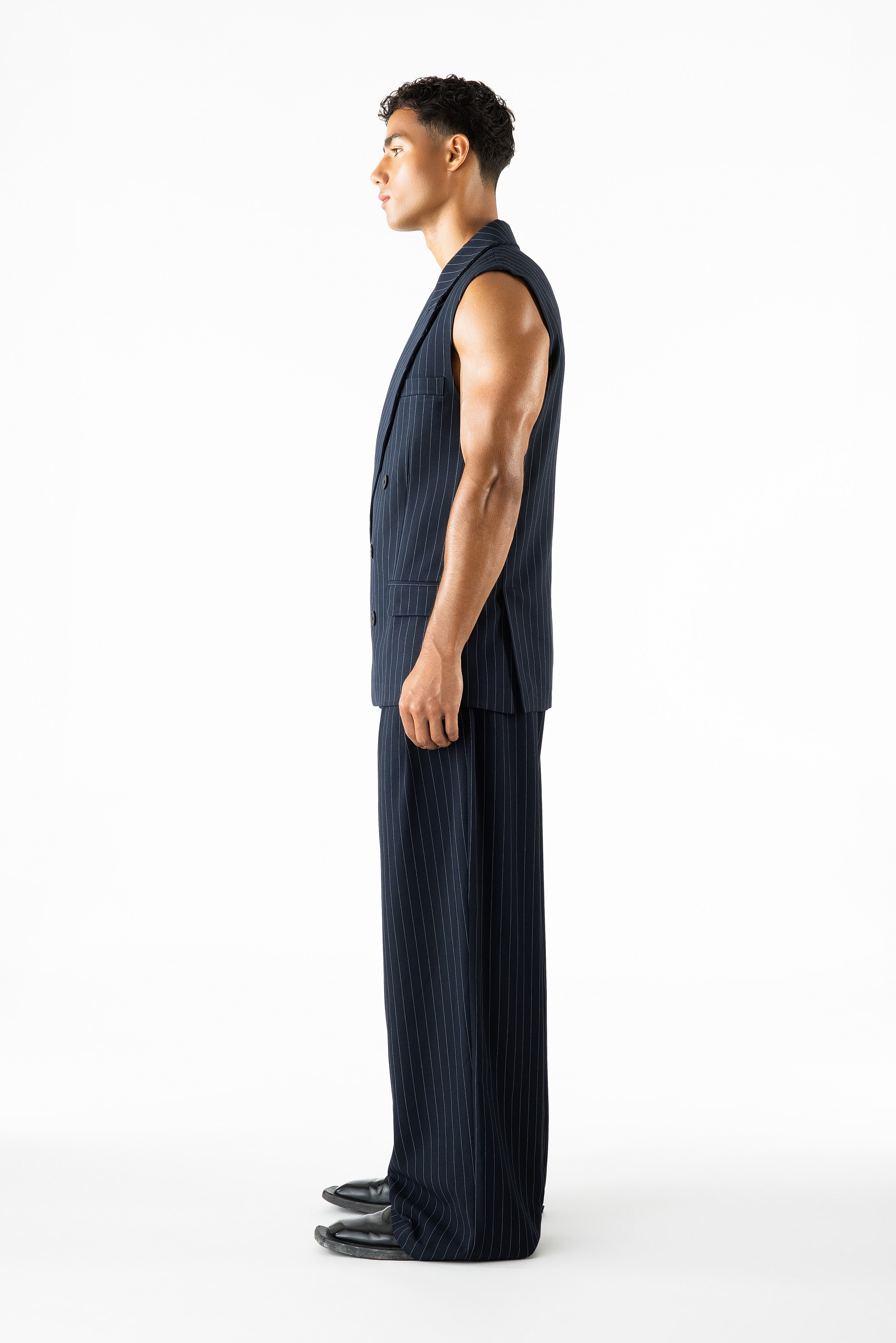 Gray Sleeveless Blazer Navy Pinstripe