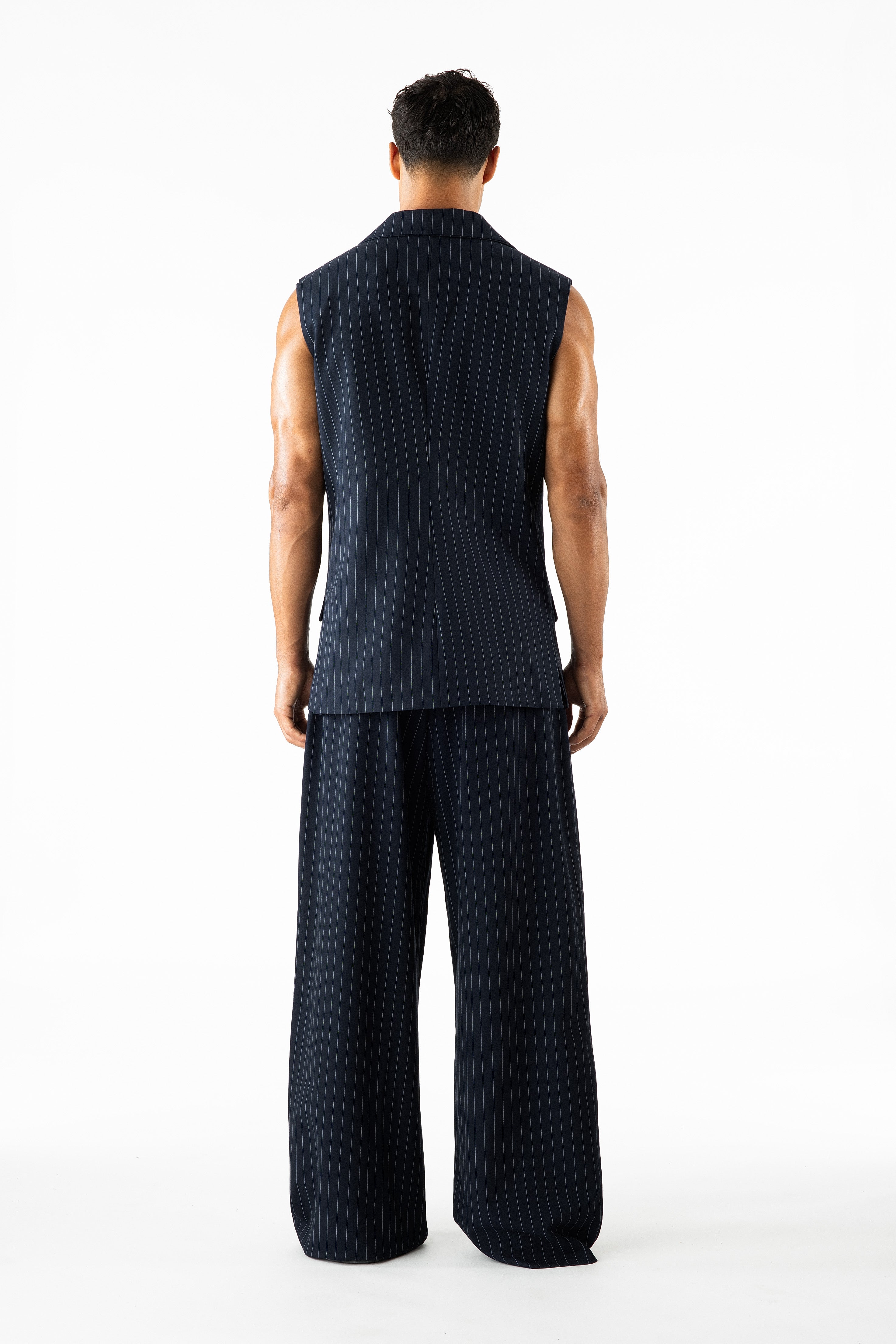 Gray Sleeveless Blazer Navy Pinstripe