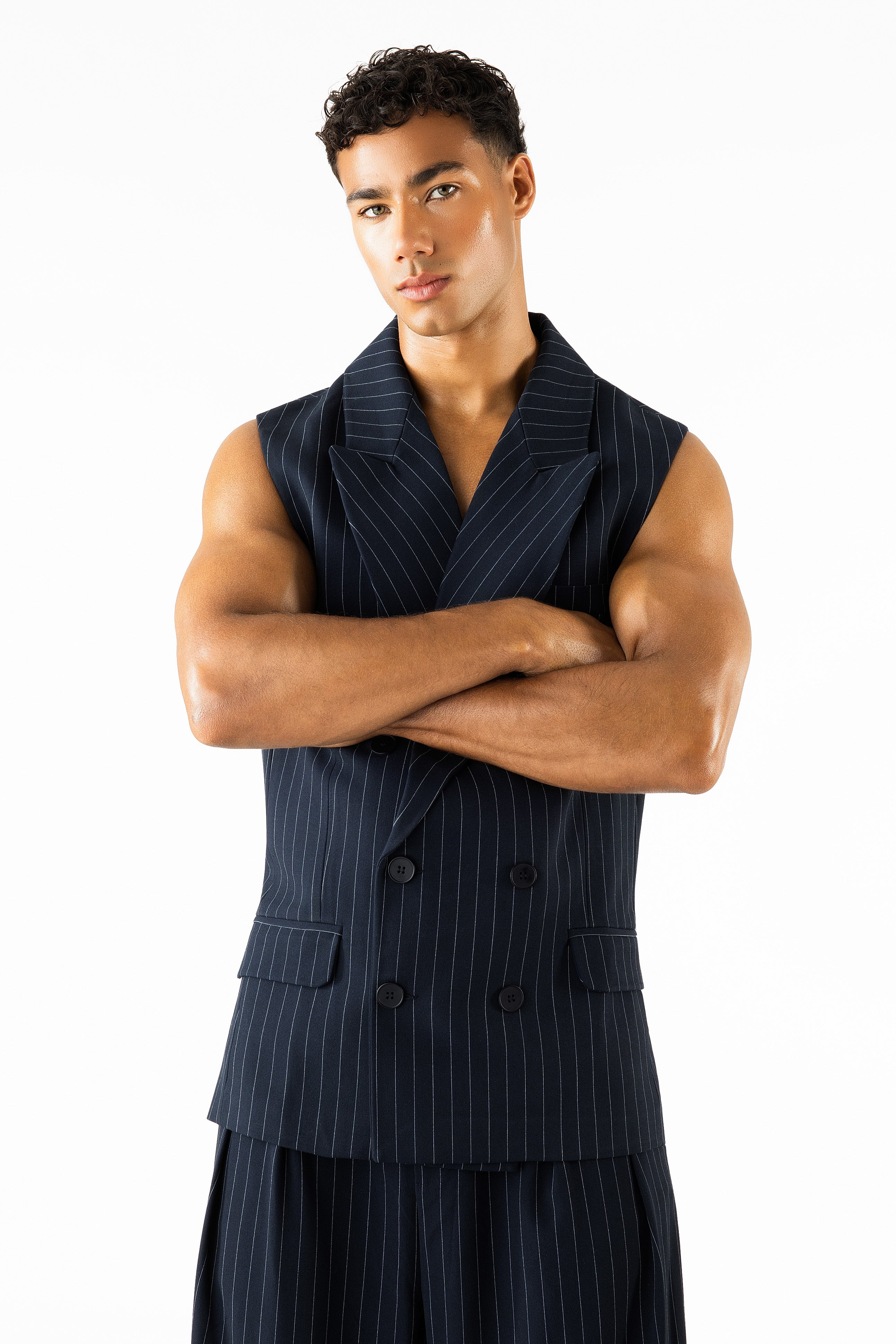 Gray Sleeveless Blazer Navy Pinstripe