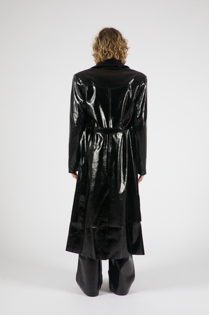 
            
                Load image into Gallery viewer, Dom Vegan Leather Trench Coat Black
            
        