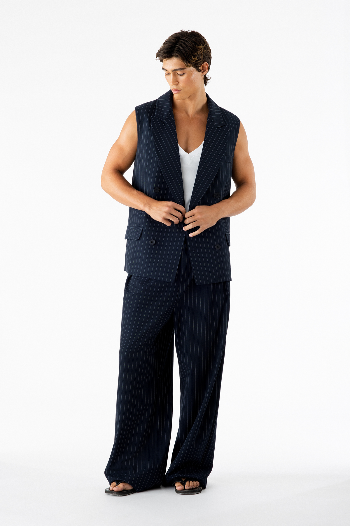 Gray Sleeveless Blazer Navy Pinstripe